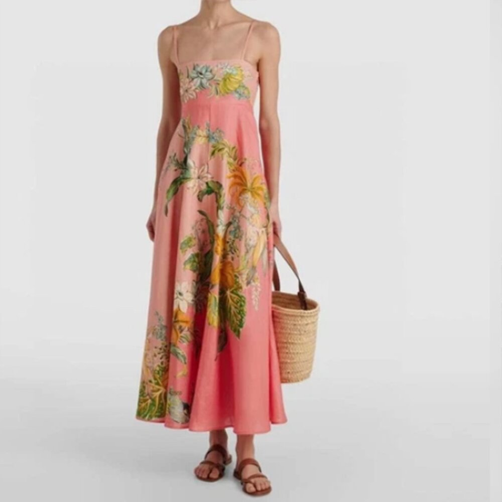 ALEMAIS Papaya floral-print flax midi dress